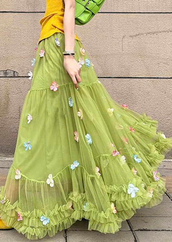 Handmade Green High Waist Patchwork Tulle A Line Skirts Skirt