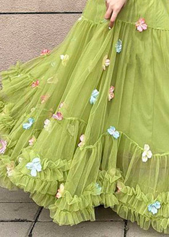 Handmade Green High Waist Patchwork Tulle A Line Skirts Skirt