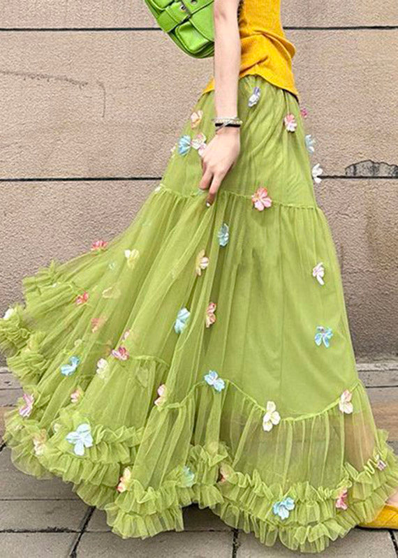 Handmade Green High Waist Patchwork Tulle A Line Skirts Skirt