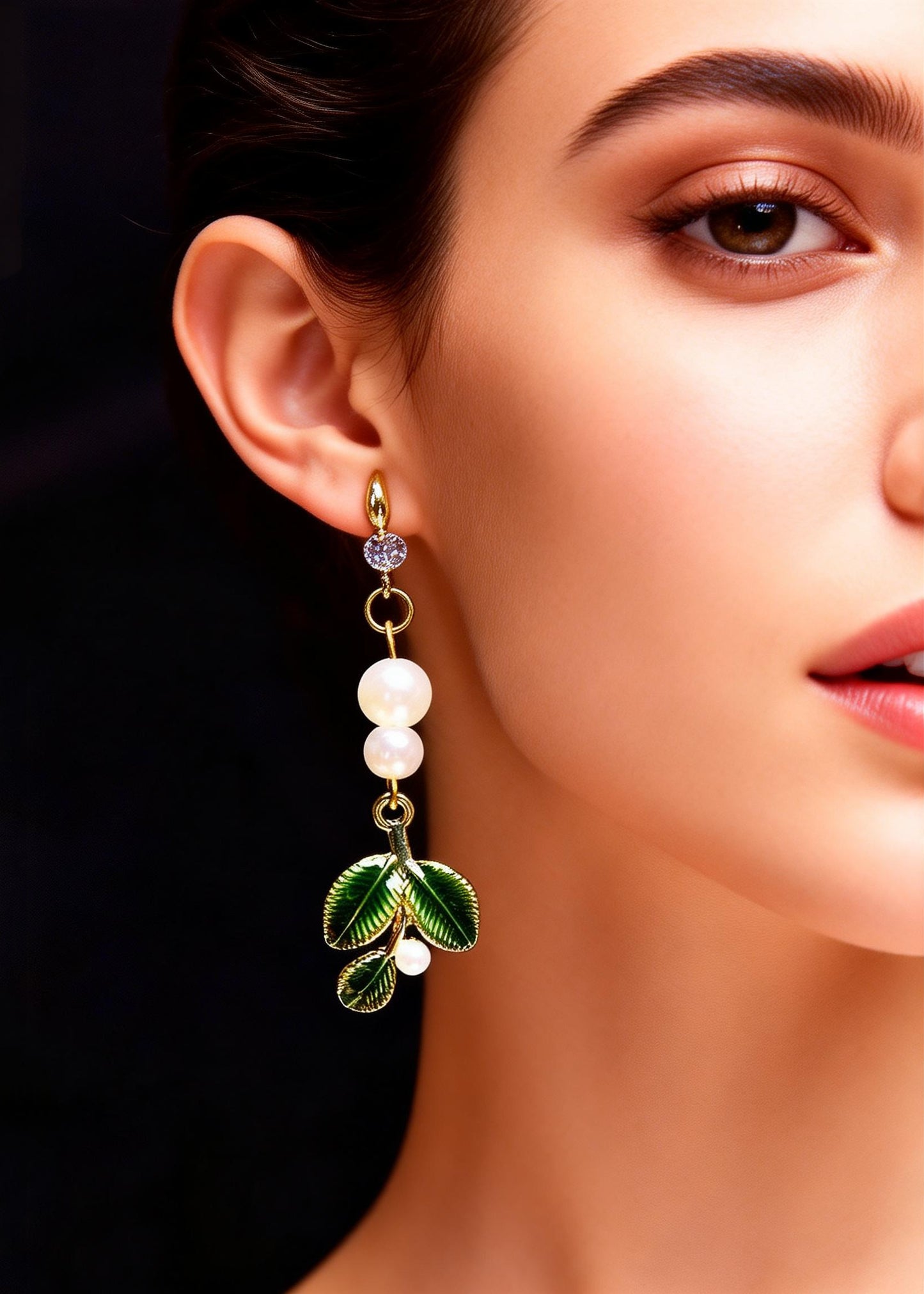 Handmade Green Leaf Pearl Zircon Drop Earrings