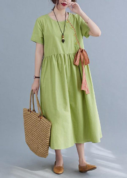 Handmade Green Loose Cotton Linen Summer Party Dress - SooLinen