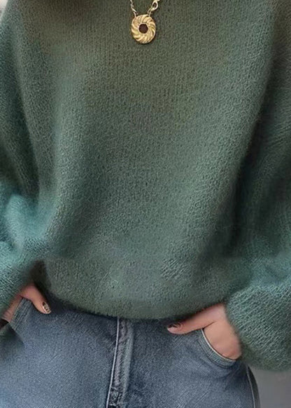Handmade Green O Neck Cozy Knit Sweaters Spring