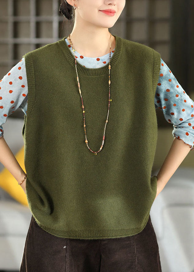 Handmade Green O-Neck Patchwork Cotton Knit Waistcoat Winter