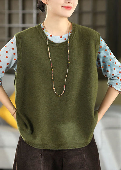 Handmade Green O-Neck Patchwork Cotton Knit Waistcoat Winter