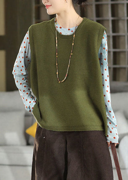 Handmade Green O-Neck Patchwork Cotton Knit Waistcoat Winter