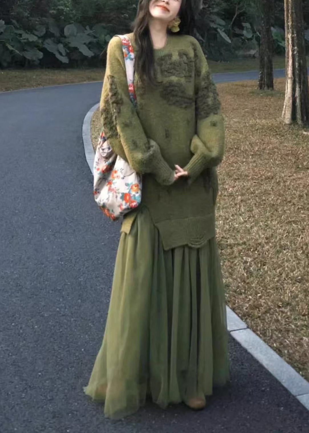 Handmade Green O Neck Patchwork Knit Sweater Dress Winter