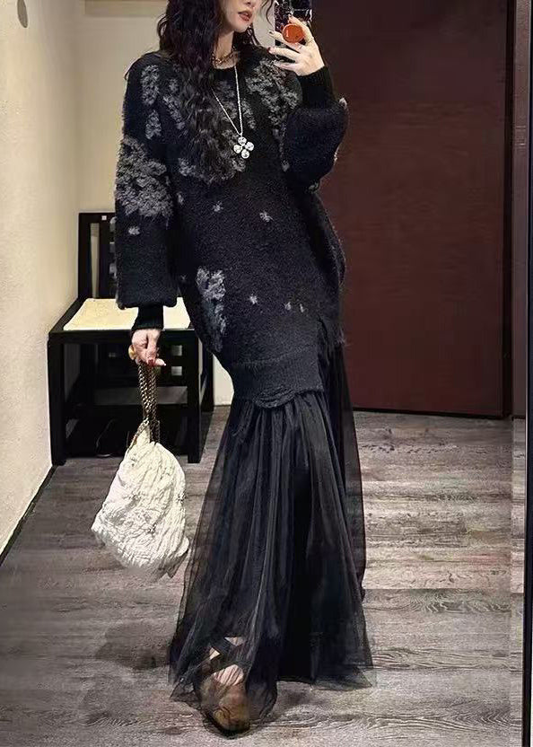 Handmade Green O Neck Patchwork Knit Sweater Dress Winter