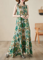 Handmade Green O-Neck Print Maxi Dresses Summer