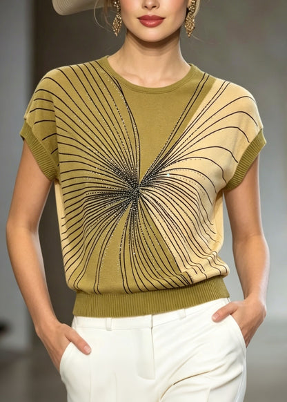 Handmade Green O Neck Zircon Ice Silk Knit Top Summer