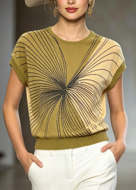 Handmade Green O Neck Zircon Ice Silk Knit Top Summer