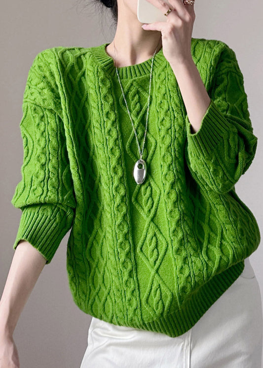 Handmade Green Patchwork Cotton Knit Sweater Long Sleeve