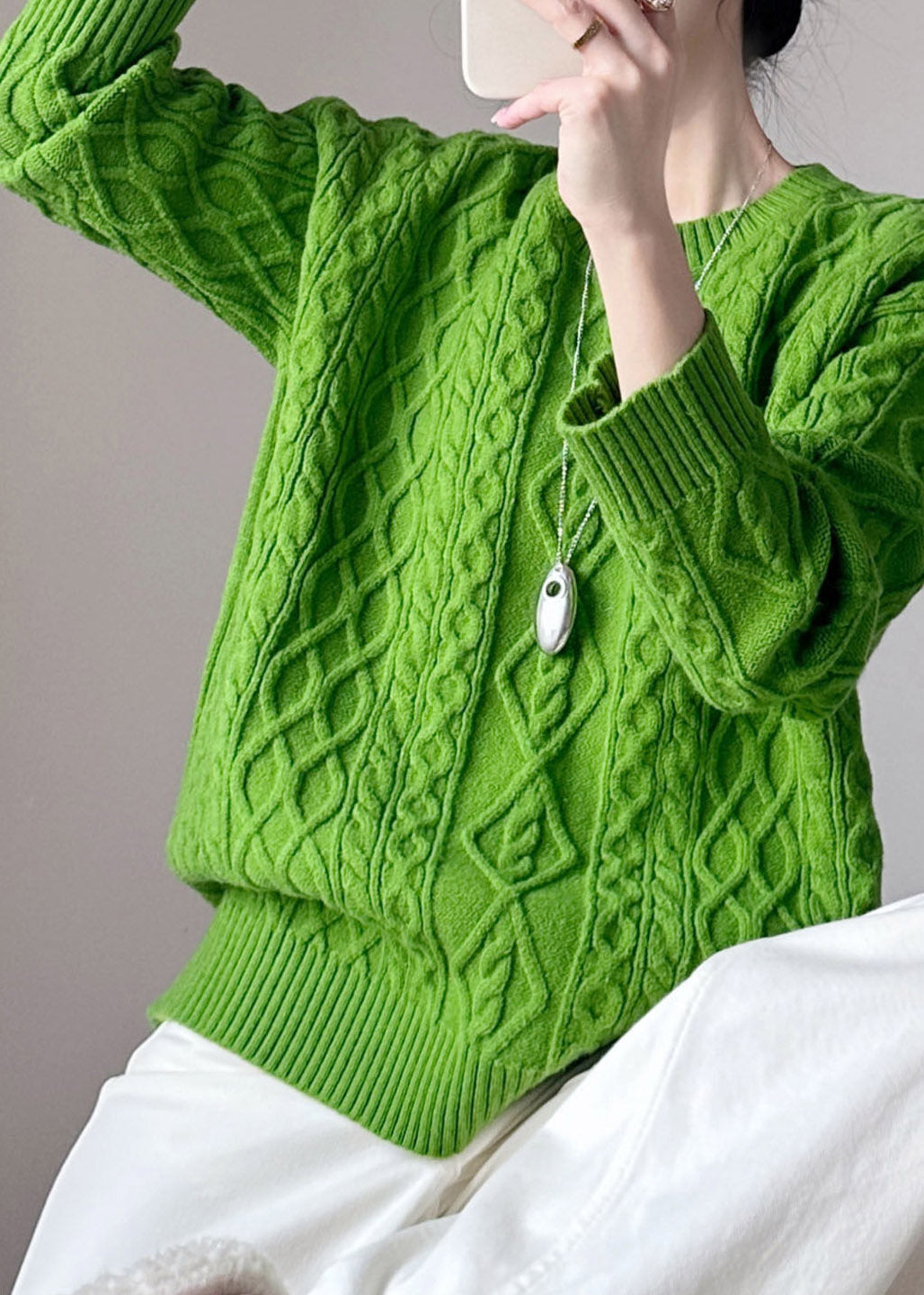 Handmade Green Patchwork Cotton Knit Sweater Long Sleeve