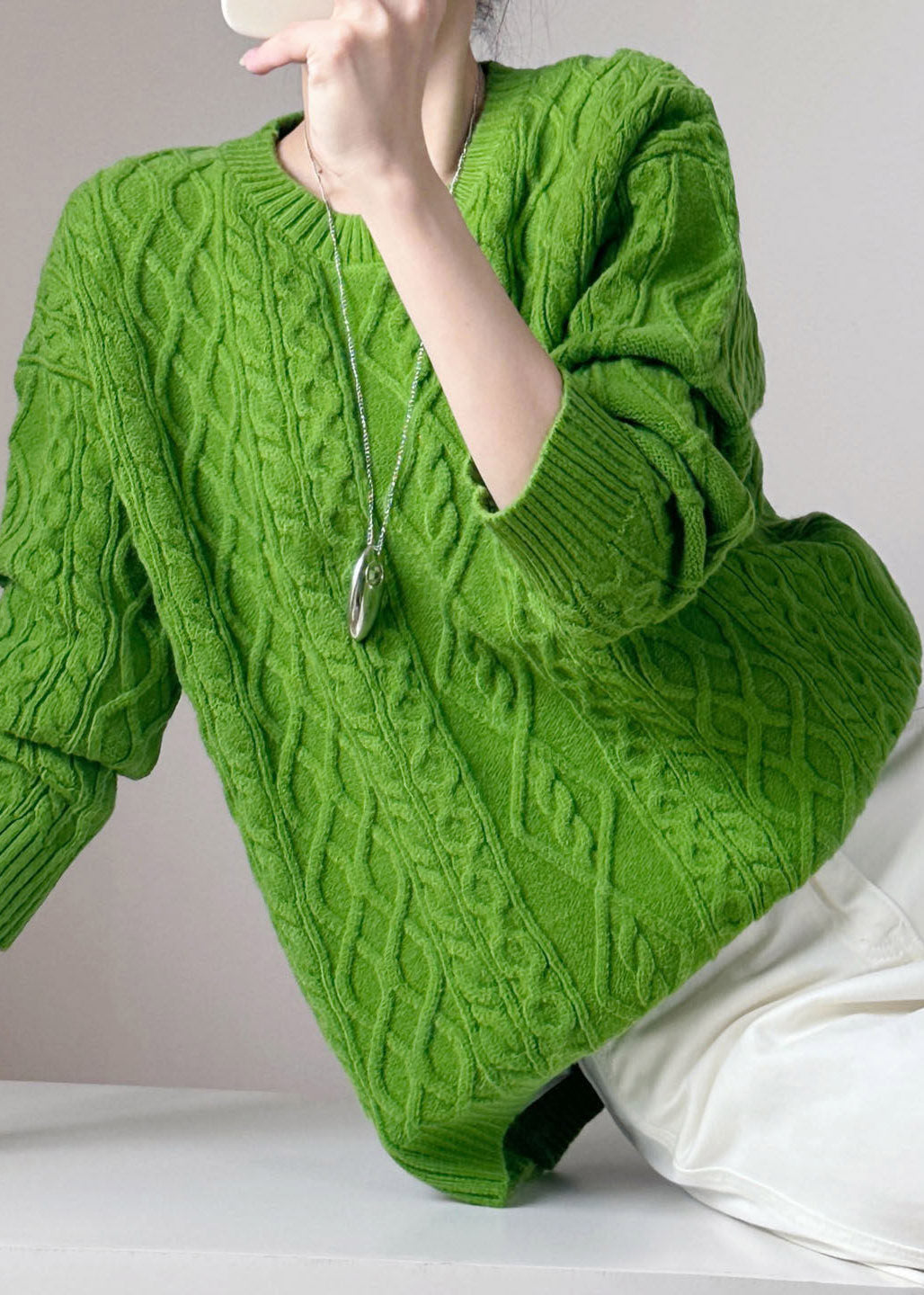 Handmade Green Patchwork Cotton Knit Sweater Long Sleeve