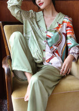 Load image into Gallery viewer, Handmade Green Peter Pan Collar Print Patchwork Ice Silk Two Piece Set Spring