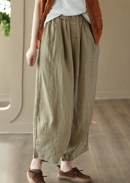 Handmade Green Pockets Elastic Waist Linen Lantern Pants Summer