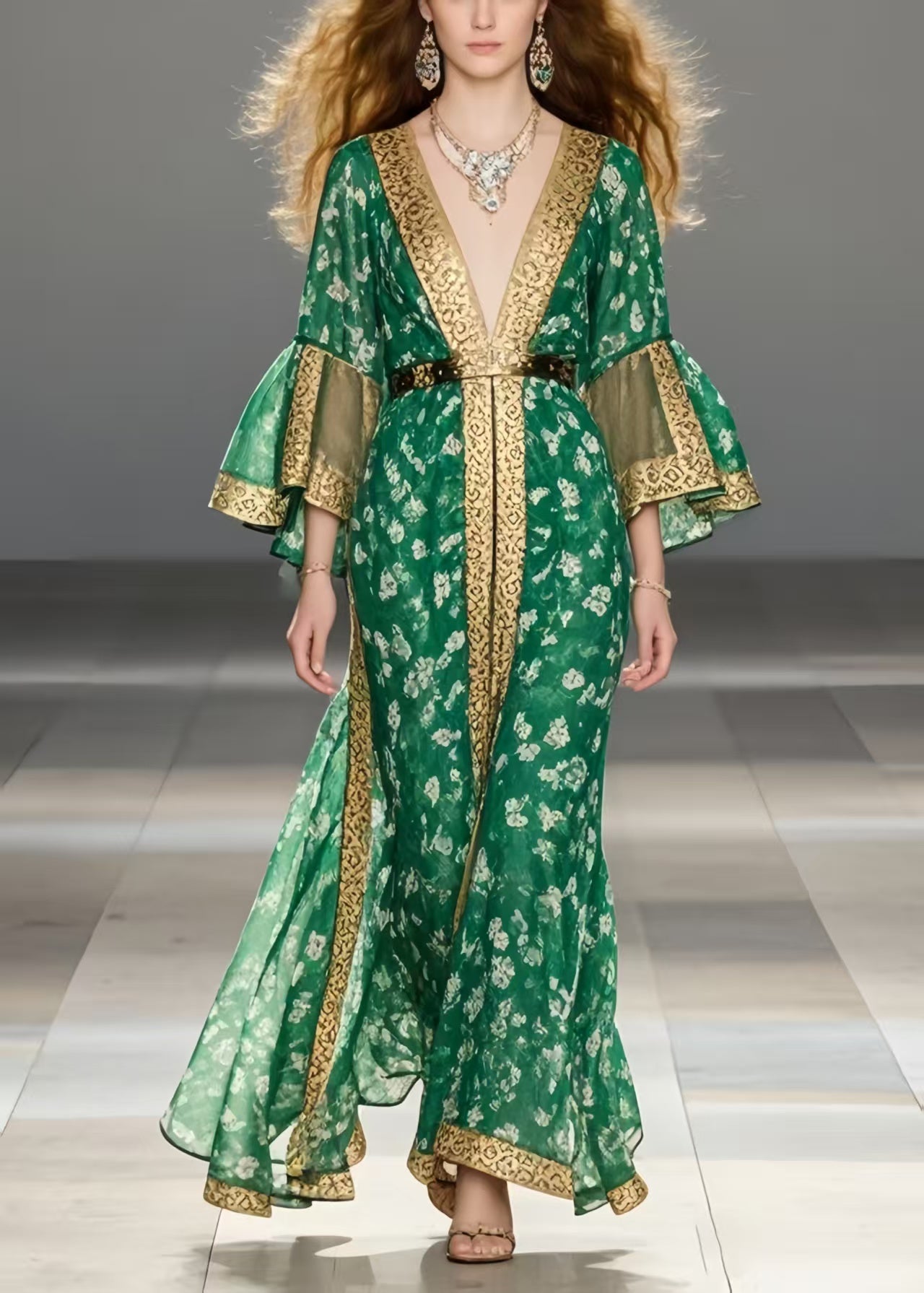 Handmade Green Print Chiffon Ankle Dress Flare Sleeve