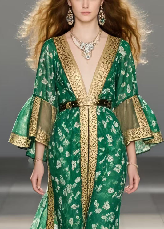 Handmade Green Print Chiffon Ankle Dress Flare Sleeve