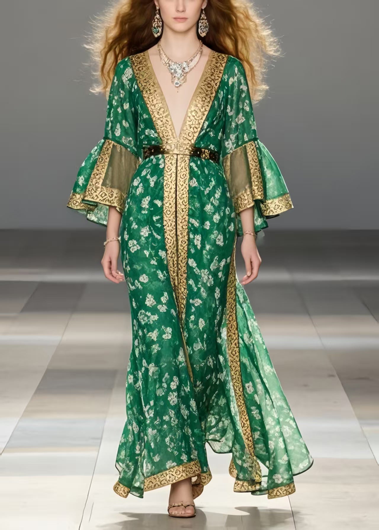 Handmade Green Print Chiffon Ankle Dress Flare Sleeve