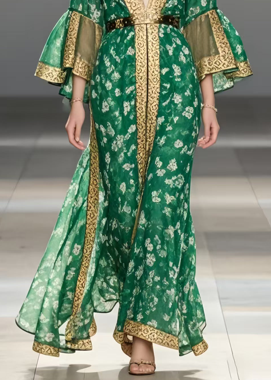 Handmade Green Print Chiffon Ankle Dress Flare Sleeve