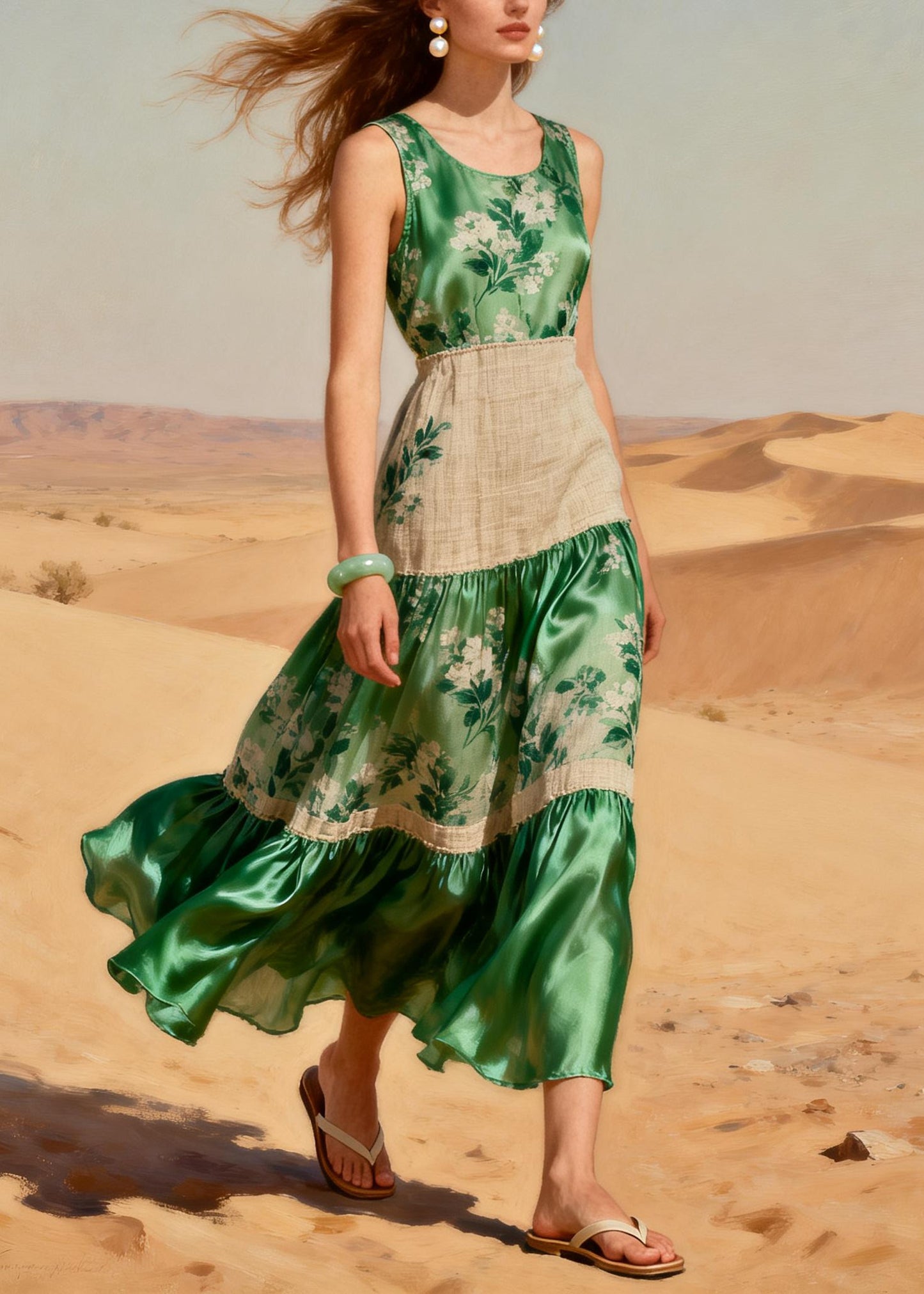Handmade Green Print Patchwork Linen Silk Party Dress Summer