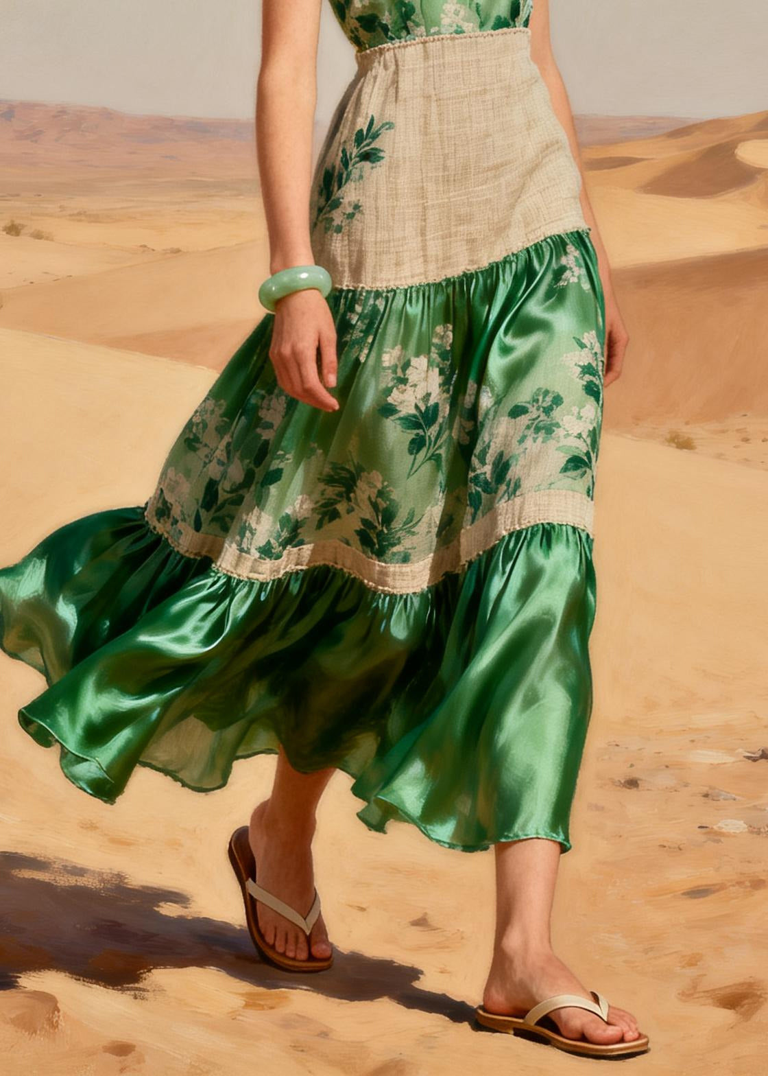 Handmade Green Print Patchwork Linen Silk Party Dress Summer