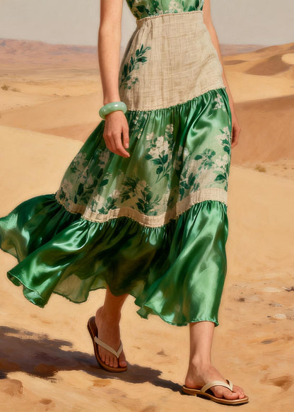 Handmade Green Print Patchwork Linen Silk Party Dress Summer