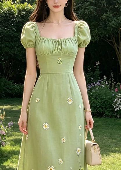 Handmade Green Square Collar Tie Lace Embroidered Floral Long Dresses Puff Sleeve