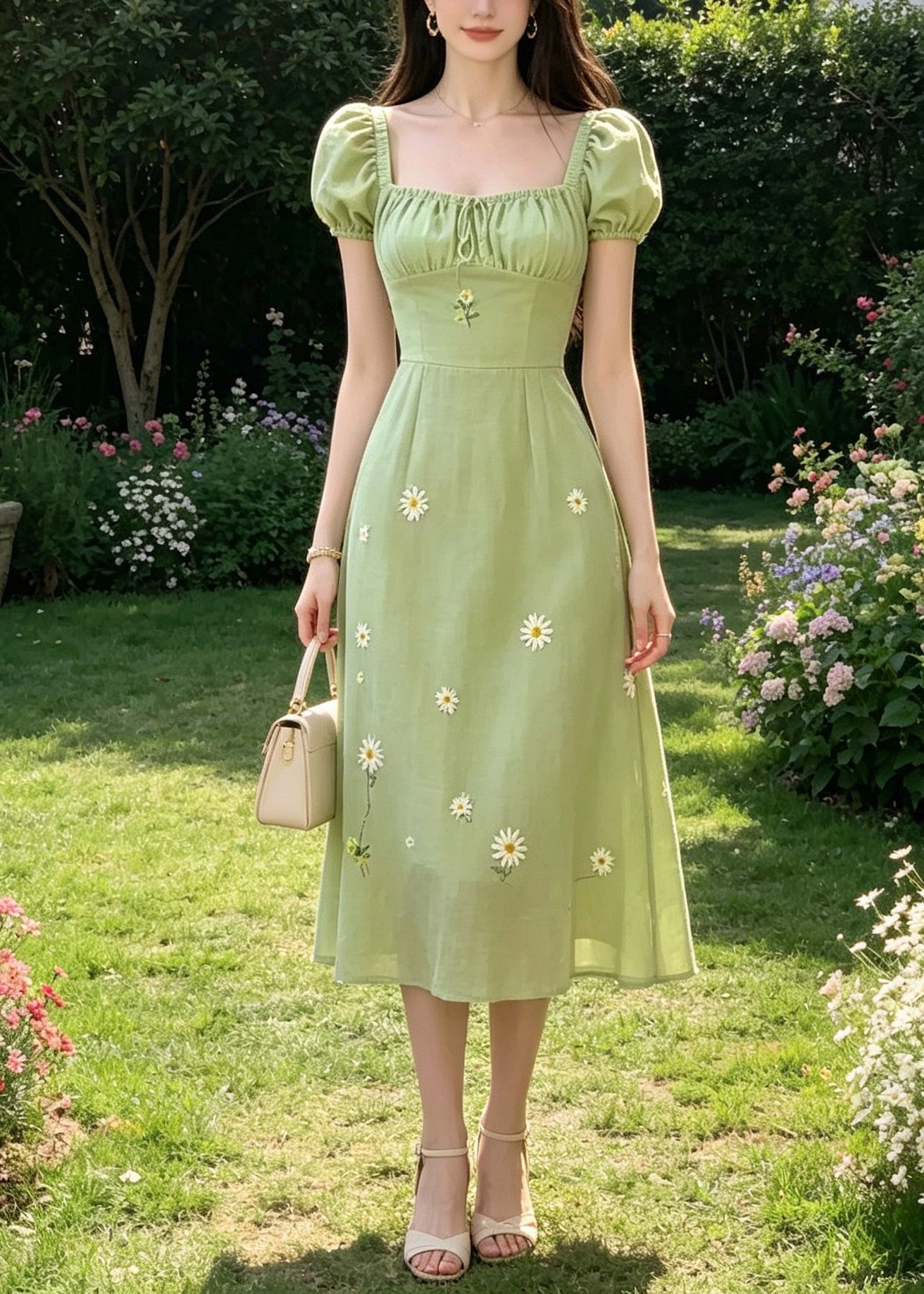 Handmade Green Square Collar Tie Lace Embroidered Floral Long Dresses Puff Sleeve