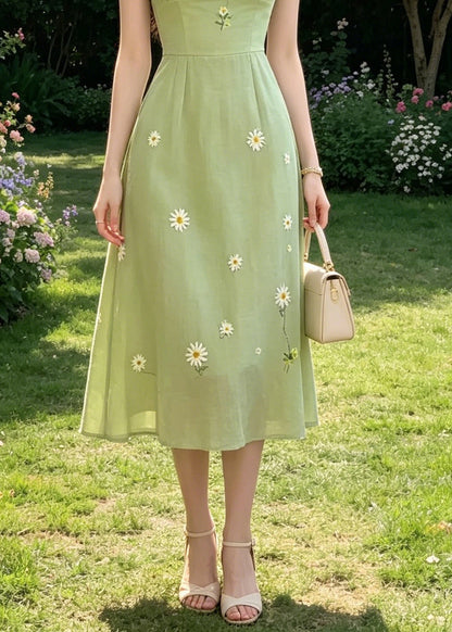 Handmade Green Square Collar Tie Lace Embroidered Floral Long Dresses Puff Sleeve