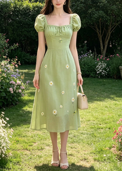 Handmade Green Square Collar Tie Lace Embroidered Floral Long Dresses Puff Sleeve