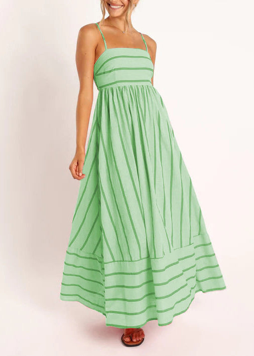 Handmade Green Striped Cotton Vacation Dresses Summer