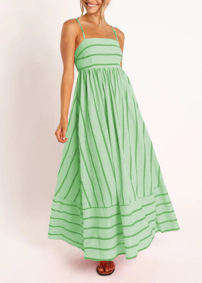 Handmade Green Striped Cotton Vacation Dresses Summer