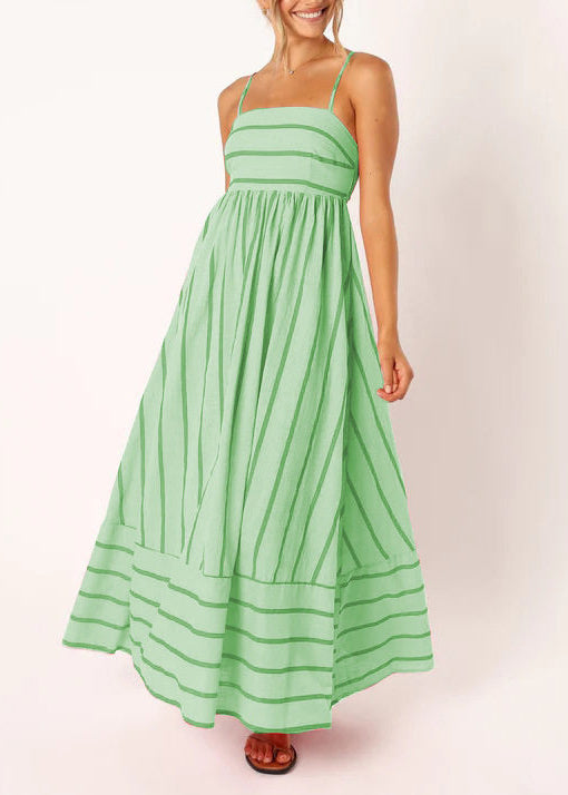 Handmade Green Striped Cotton Vacation Dresses Summer