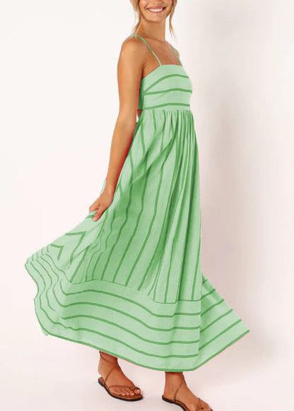 Handmade Green Striped Cotton Vacation Dresses Summer