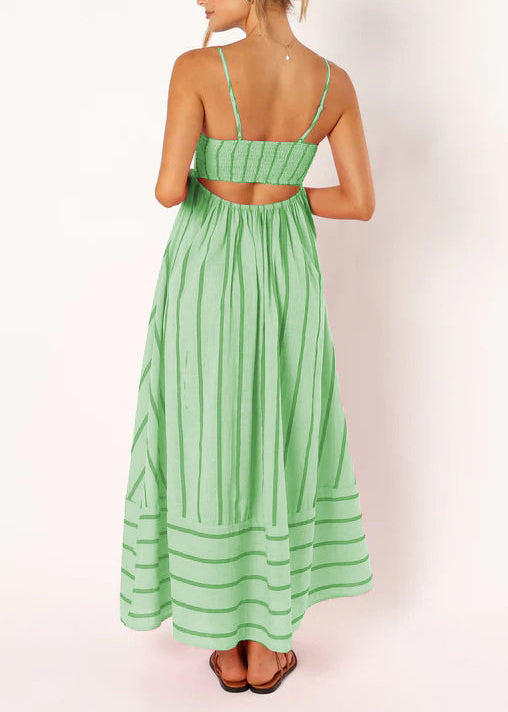 Handmade Green Striped Cotton Vacation Dresses Summer