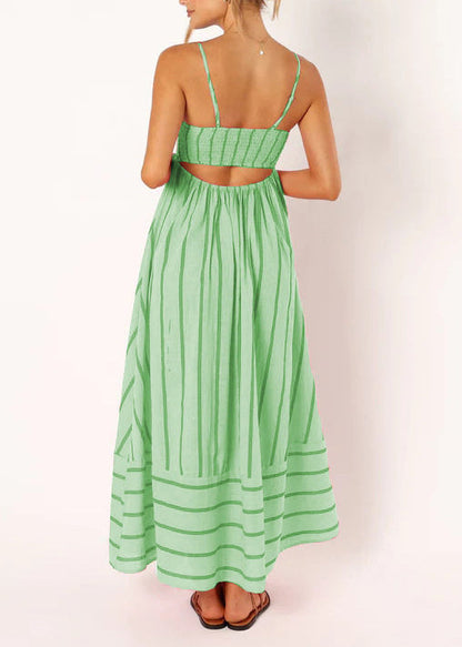 Handmade Green Striped Cotton Vacation Dresses Summer