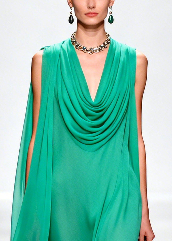 Handmade Green Turtle Neck Patchwork Flower Chiffon Dress Summer