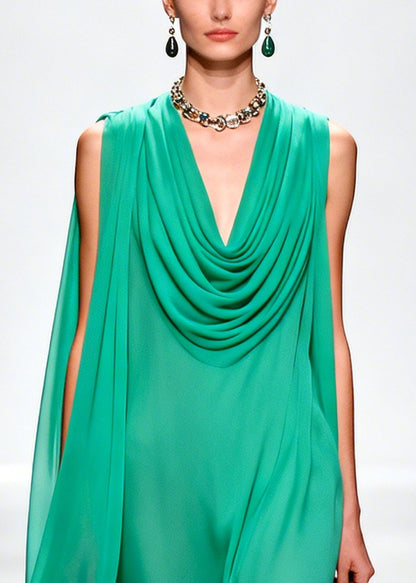 Handmade Green Turtle Neck Patchwork Flower Chiffon Dress Summer