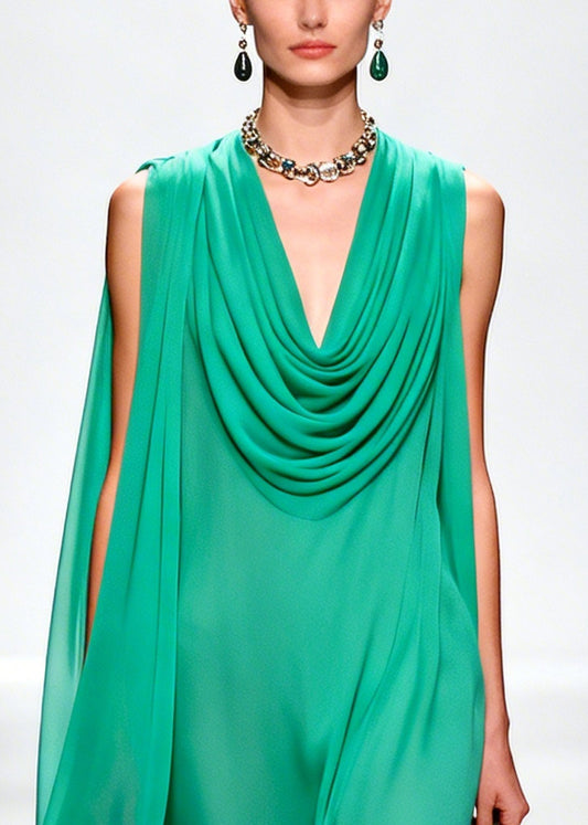 Handmade Green Turtle Neck Patchwork Flower Chiffon Dress Summer