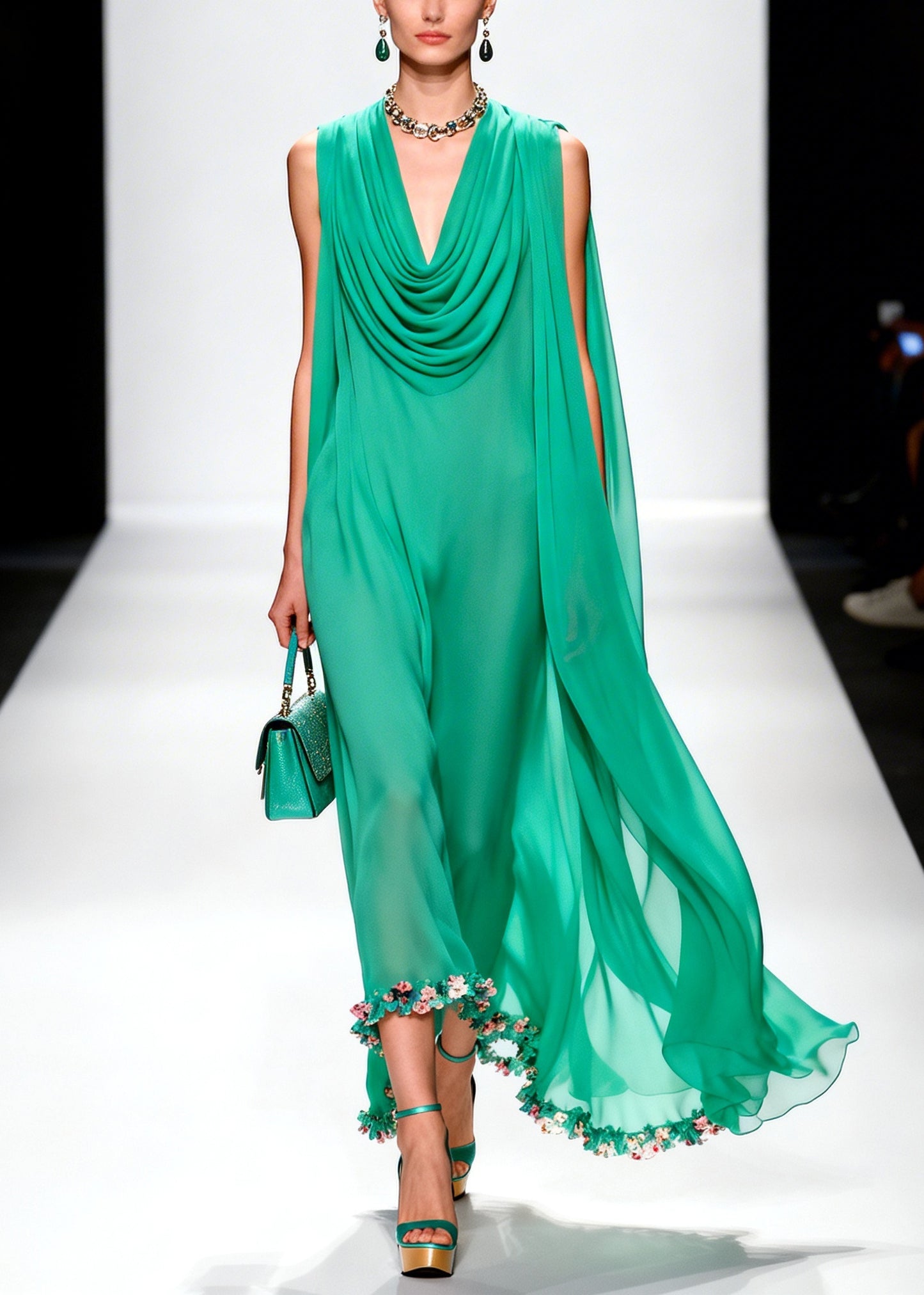 Handmade Green Turtle Neck Patchwork Flower Chiffon Dress Summer