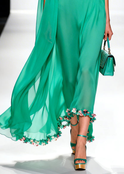 Handmade Green Turtle Neck Patchwork Flower Chiffon Dress Summer