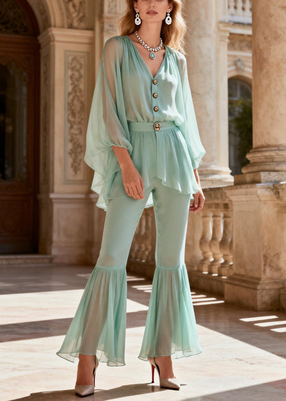 Handmade Green V Neck Chiffon Top And Flared Trousers Two Pieces Set Spring