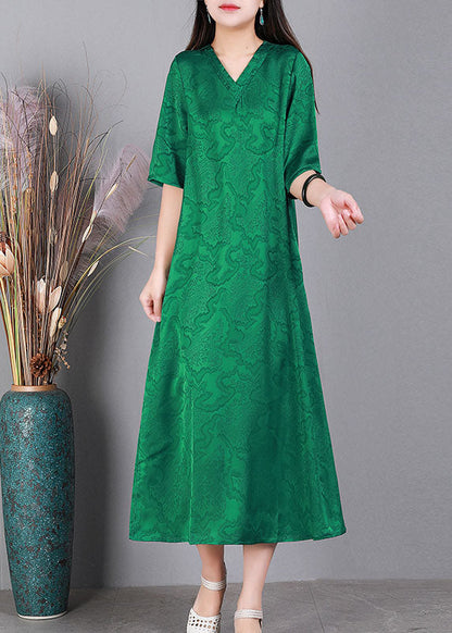 Handmade Green V Neck Jacquard 2025 Silk Long Dress Half Sleeve