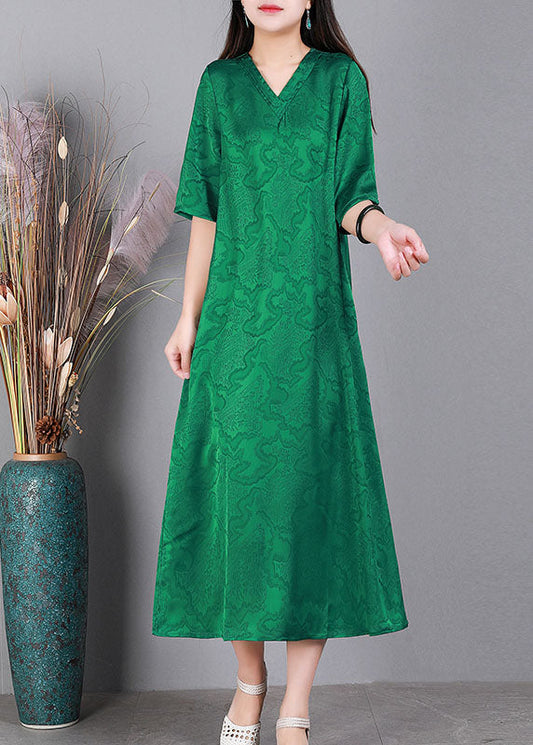 Handmade Green V Neck Jacquard 2025 Silk Long Dress Half Sleeve