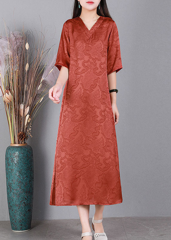 Handmade Green V Neck Jacquard 2025 Silk Long Dress Half Sleeve