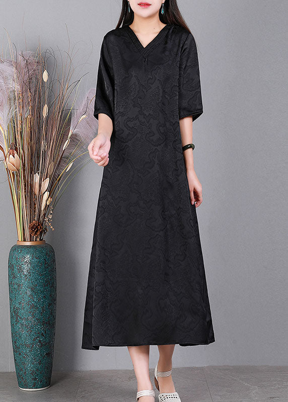 Handmade Green V Neck Jacquard 2025 Silk Long Dress Half Sleeve