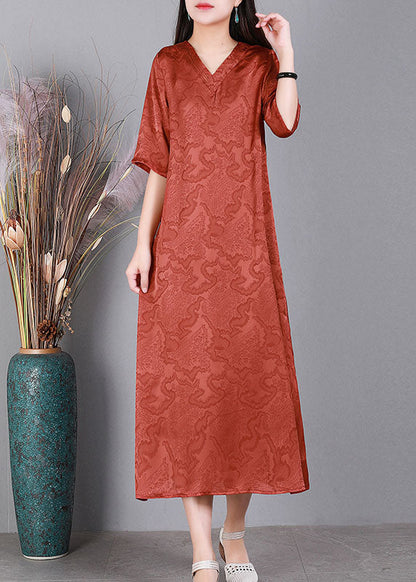 Handmade Green V Neck Jacquard 2025 Silk Long Dress Half Sleeve