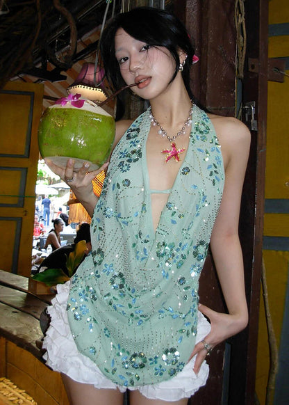Handmade Green V Neck Print Vest Summer