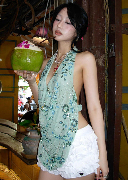 Handmade Green V Neck Print Vest Summer
