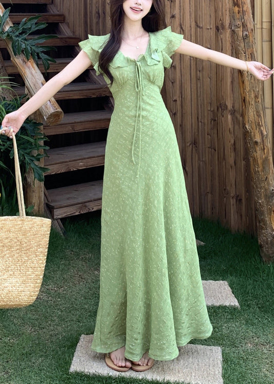 Handmade Green V Neck Tie Lace Print Maxi Dress Short Sleeve